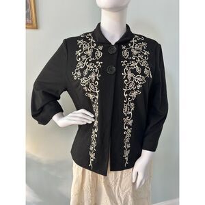 Coldwater Creek Black Ivory Floral Embroidered Jacket Sweater Top size Small